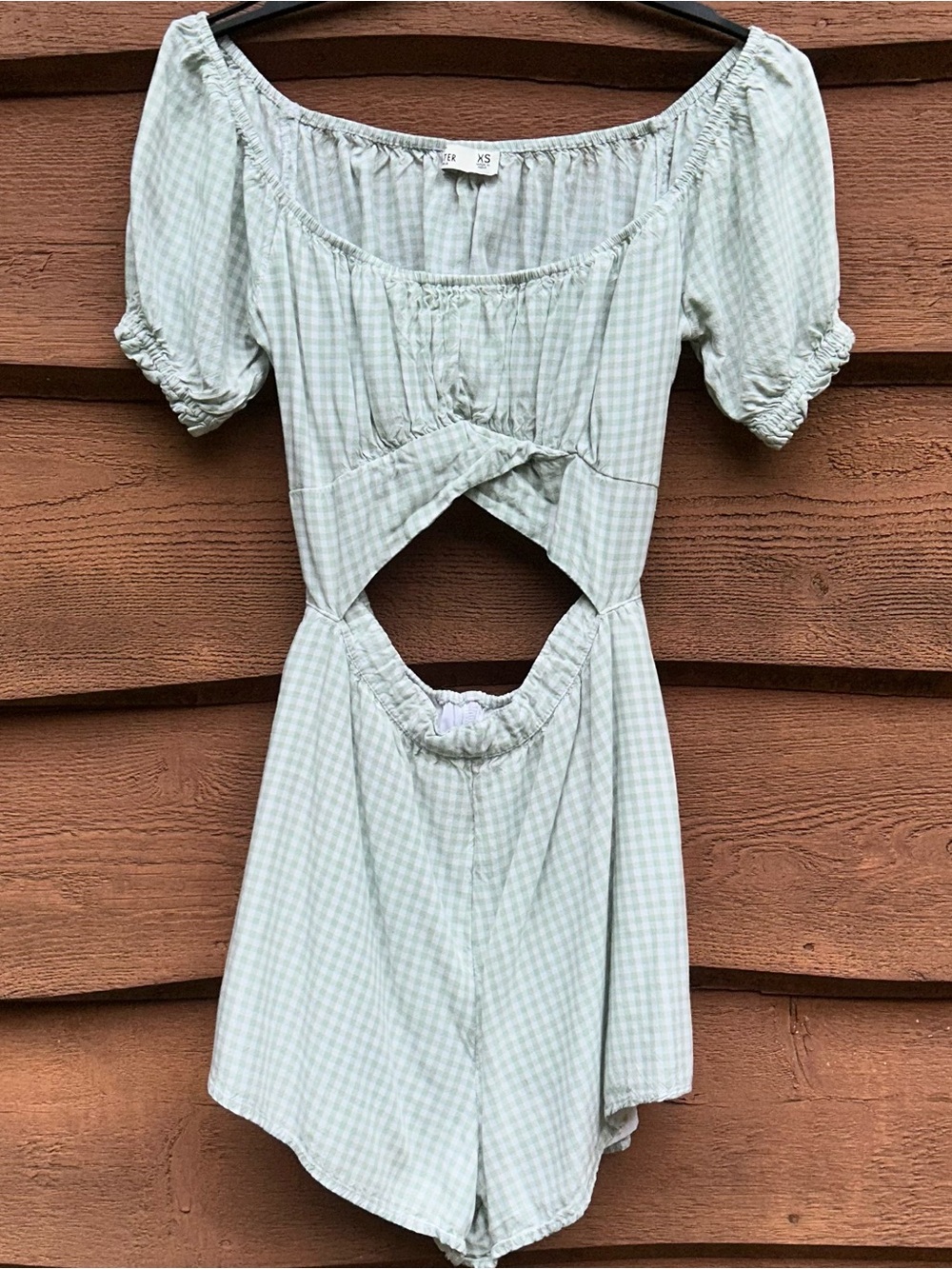 Hollister Light Sage Green Gingham Cutout Romper *see description*